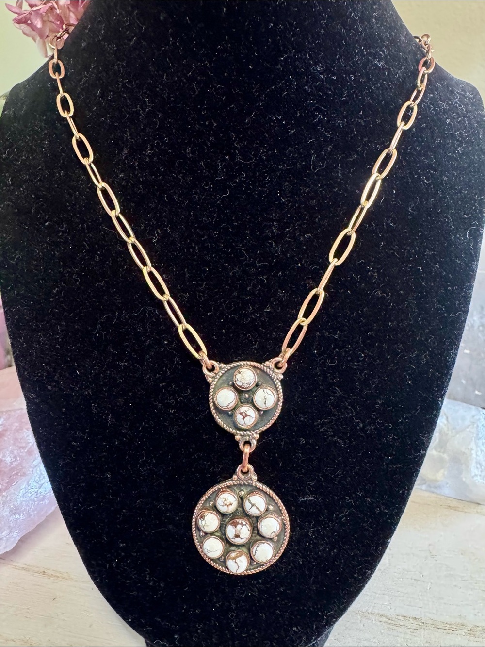 COPPER Wild Horse stone Vintage Style Double Medallion Paper Clip Link Necklace